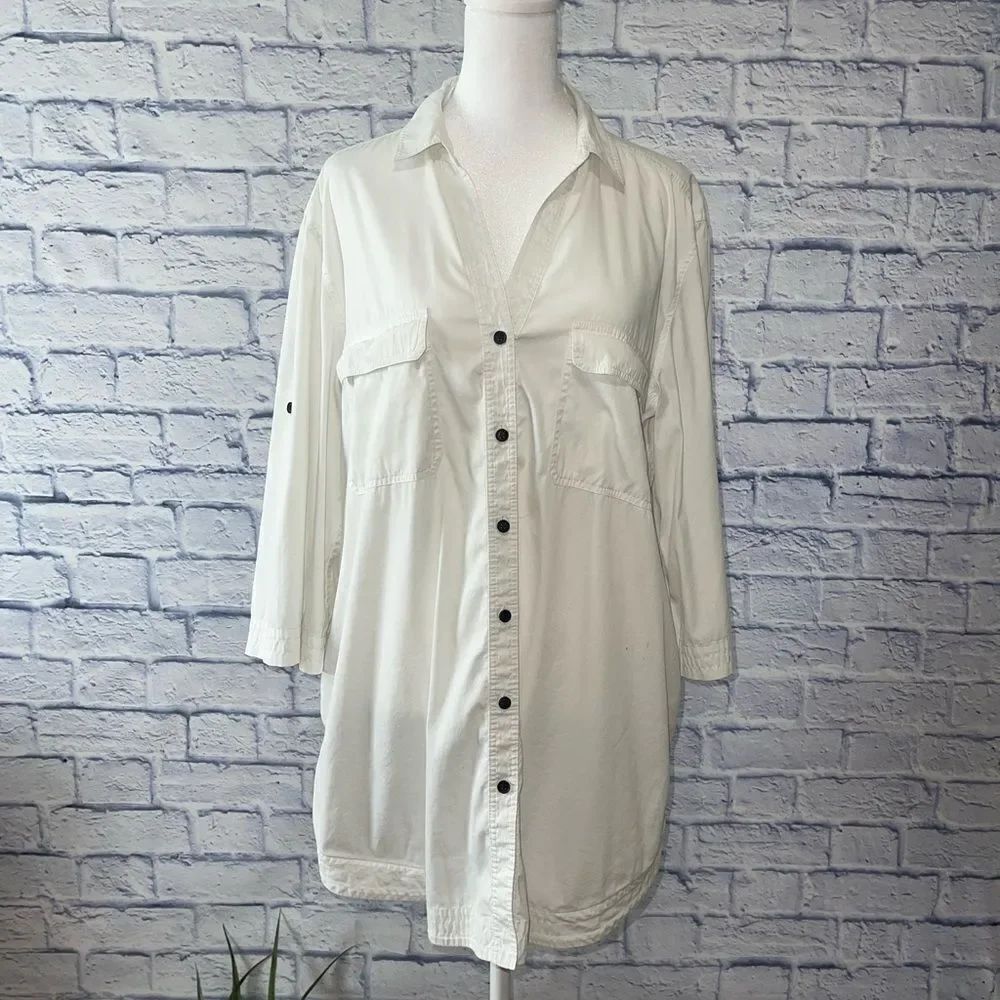 Lafayette 148 white button down shirt pockets 3/4 sleeve roll tab